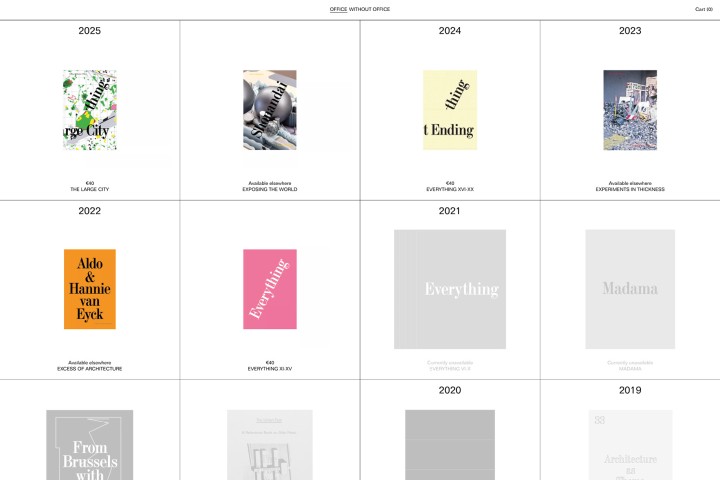 Homepage of Office Without Office, an online bookshop releasing curated batches of Everything Without Content, rare and out-of-print editions.